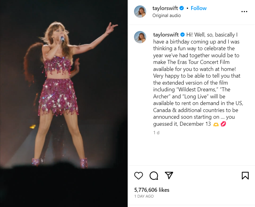 Taylor Swift Announces Streaming Dates for Eras Tour